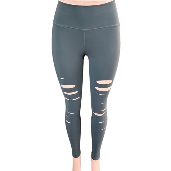 Alo Yoga Grey Ripped Warrior Legging High Rise High Waisted Full Length Size XXS - Picture 5 of 8